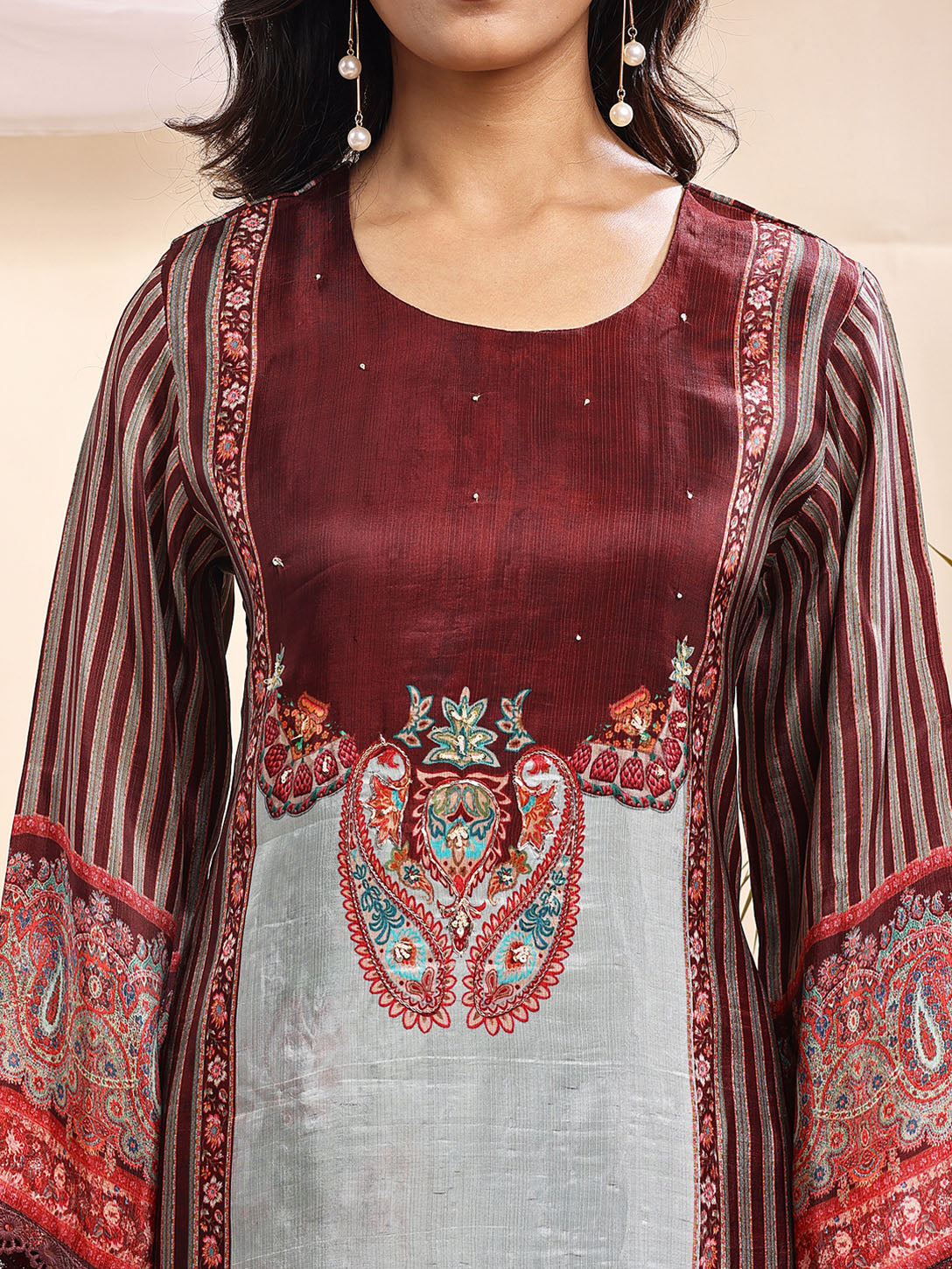 Graceful Maroon & Mint Printed Suit with Dupatta