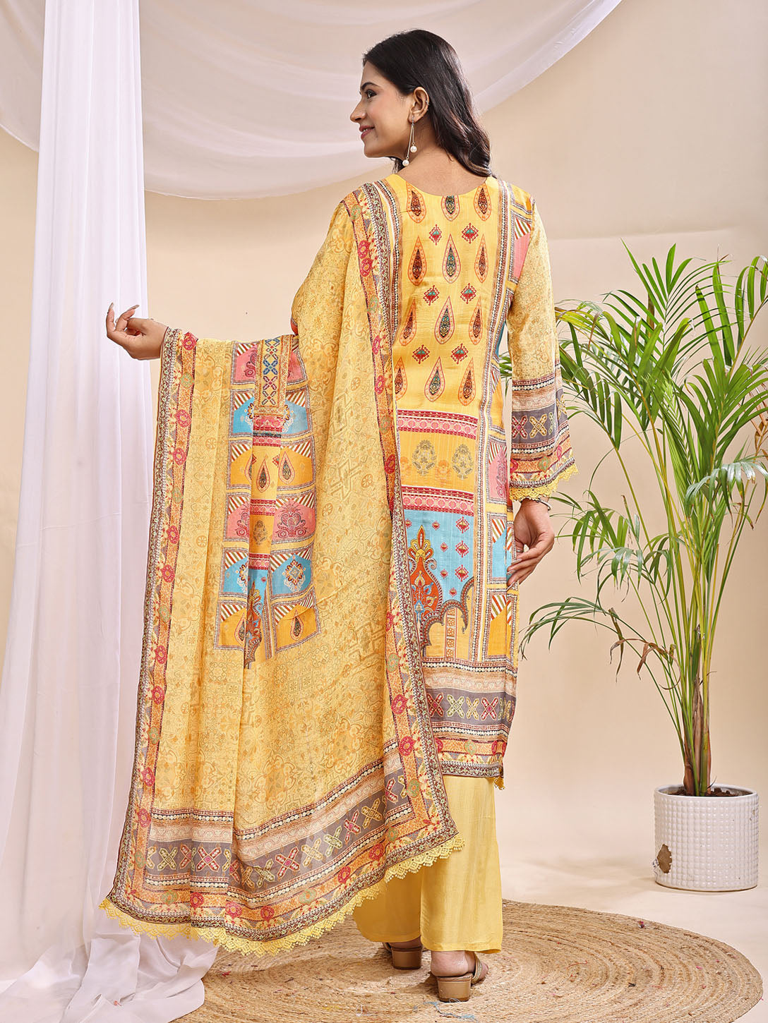 Vibrant Yellow Multicolor Printed Suit with Dupatta