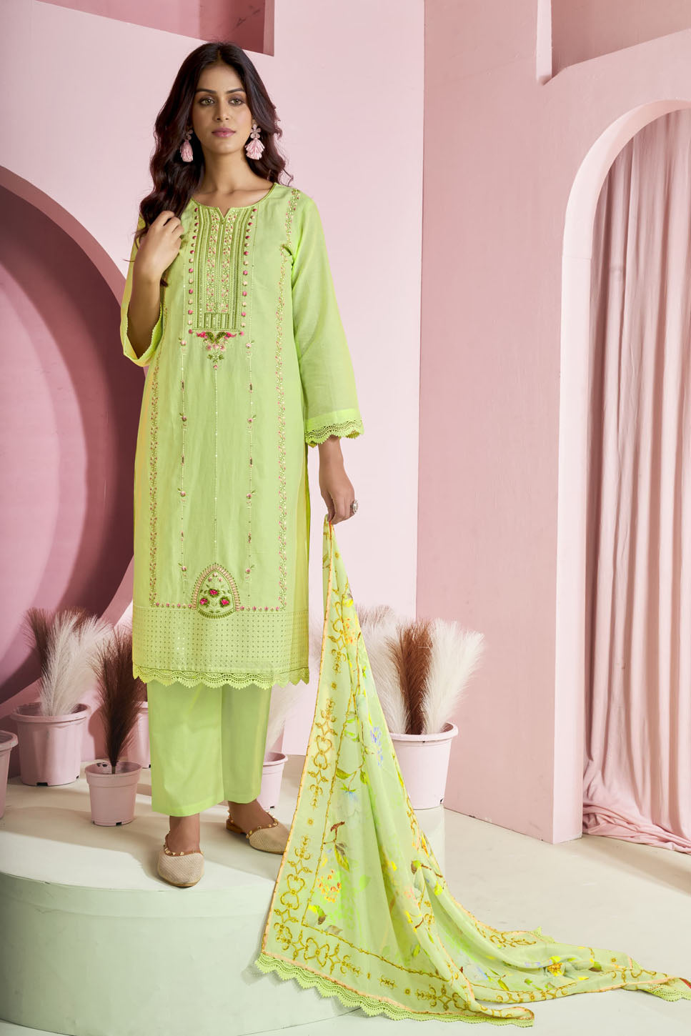 Pastel Lime Embroidered Cotton Suit with Printed Dupatta