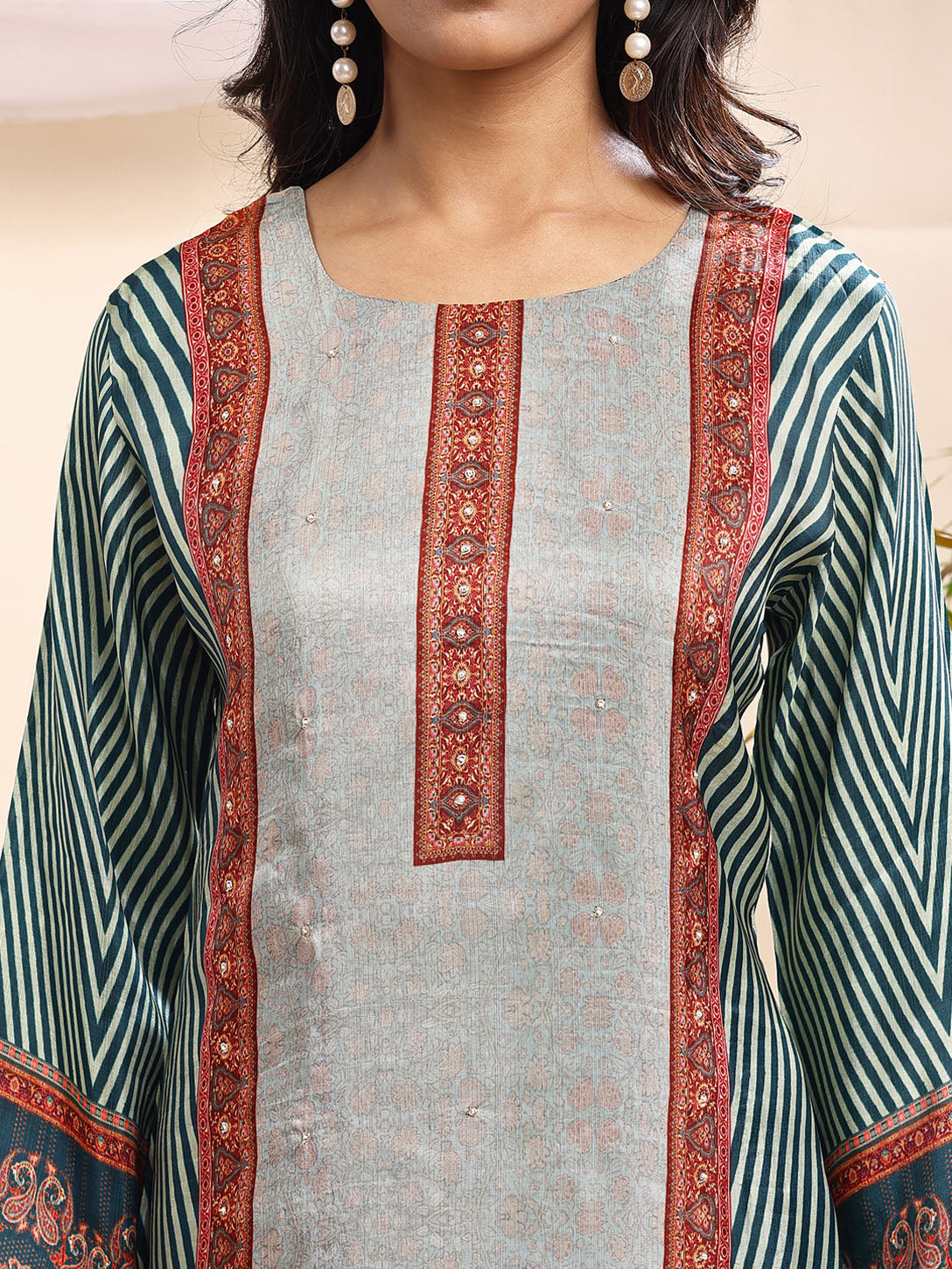 Women's Grey & Teal Ethnic Printed Suit – 3 Piece Traditional Ensemble