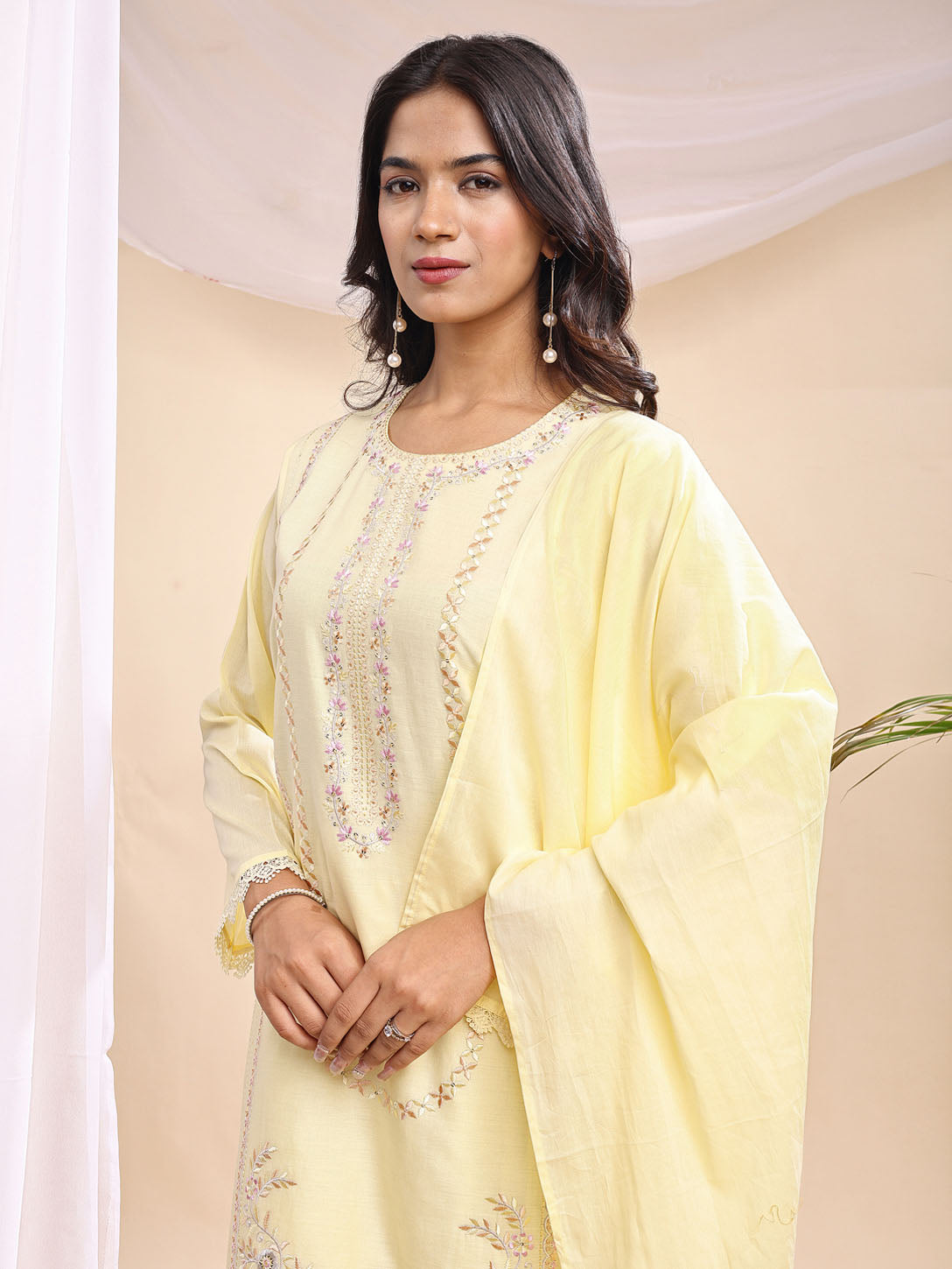Women's Light Yellow Embroidered Suit – 3 Piece