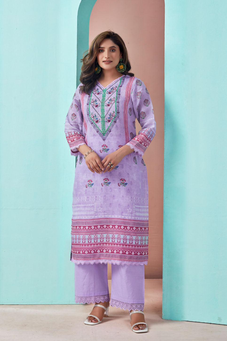 Lilac Embroidered Three-Piece Suit Set with Printed Dupatta