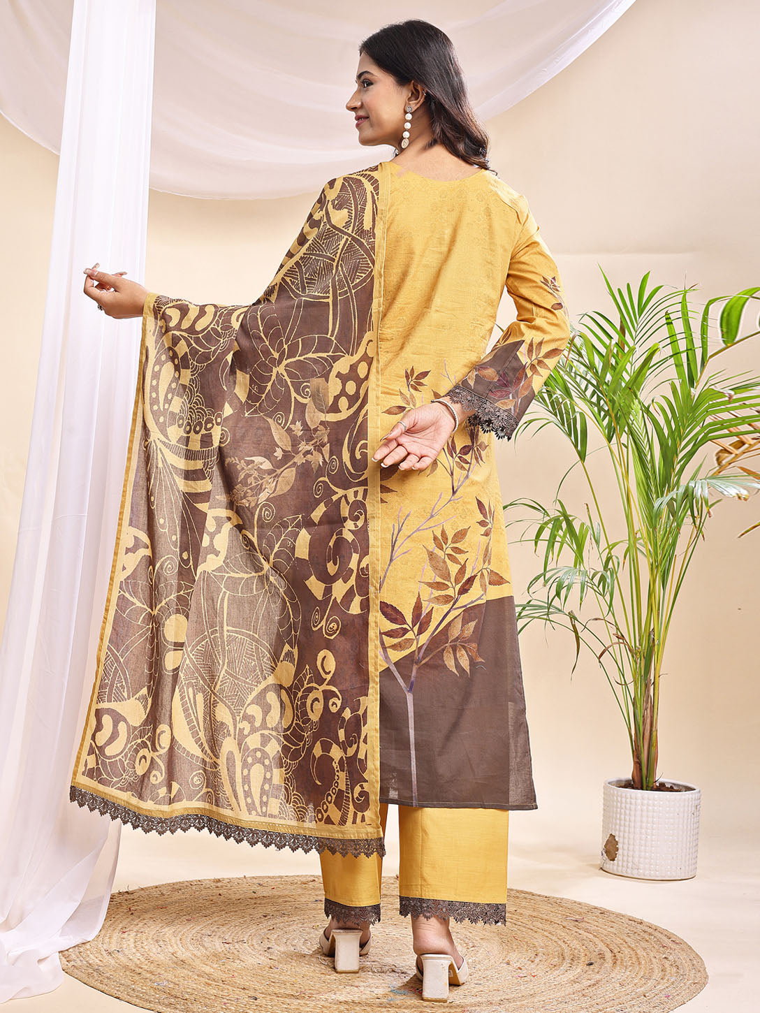 Women's Mustard & Brown Leaf Printed Suit – 3 Piece Suit Set