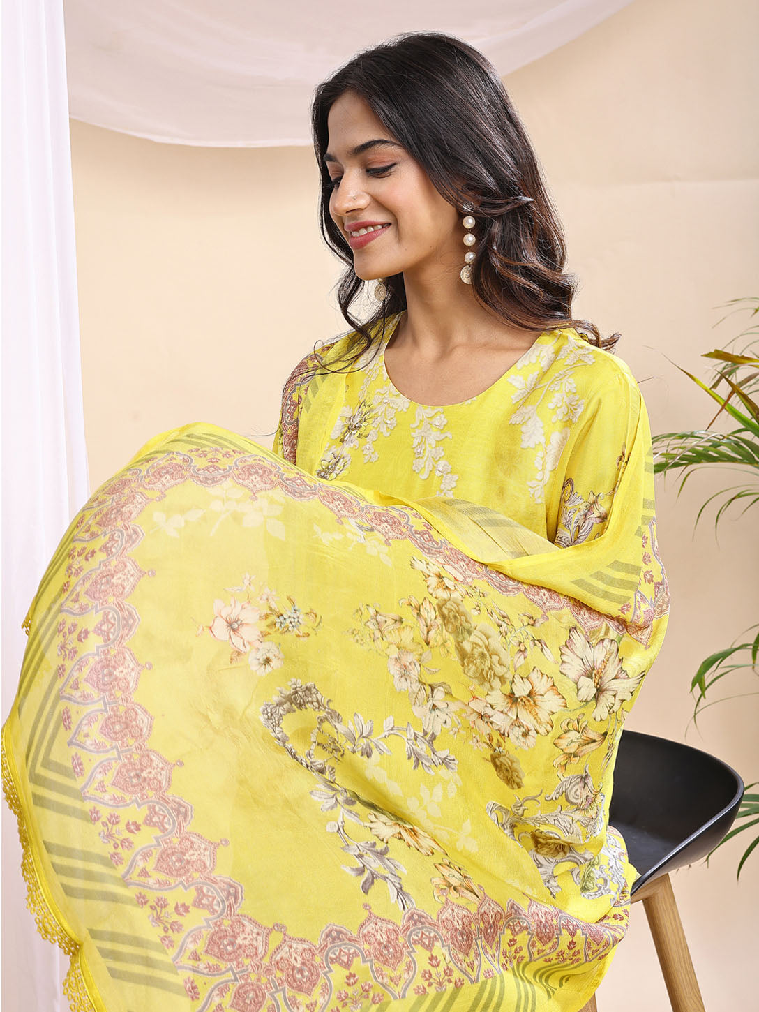 Women's Yellow Floral Printed Suit – 3 Piece Festive Set