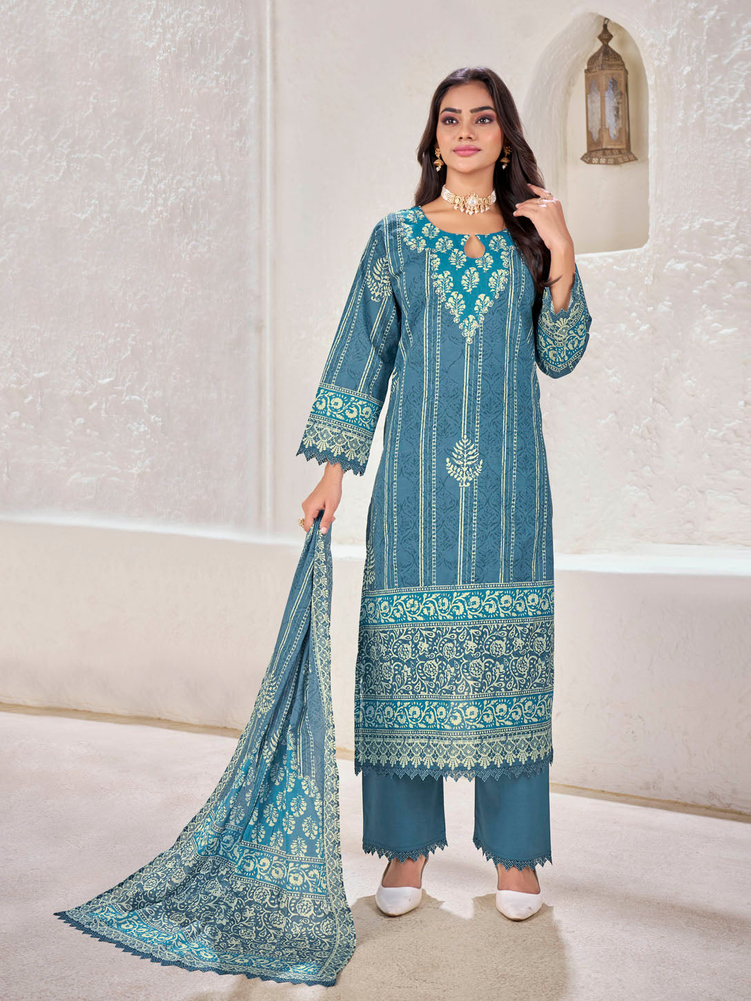 Teal Blue Printed Cotton Suit Set with Embroidered Neckline and Border Detailing