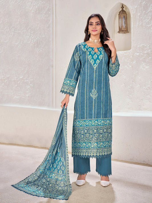 Teal Blue Printed Cotton Suit Set with Embroidered Neckline and Border Detailing