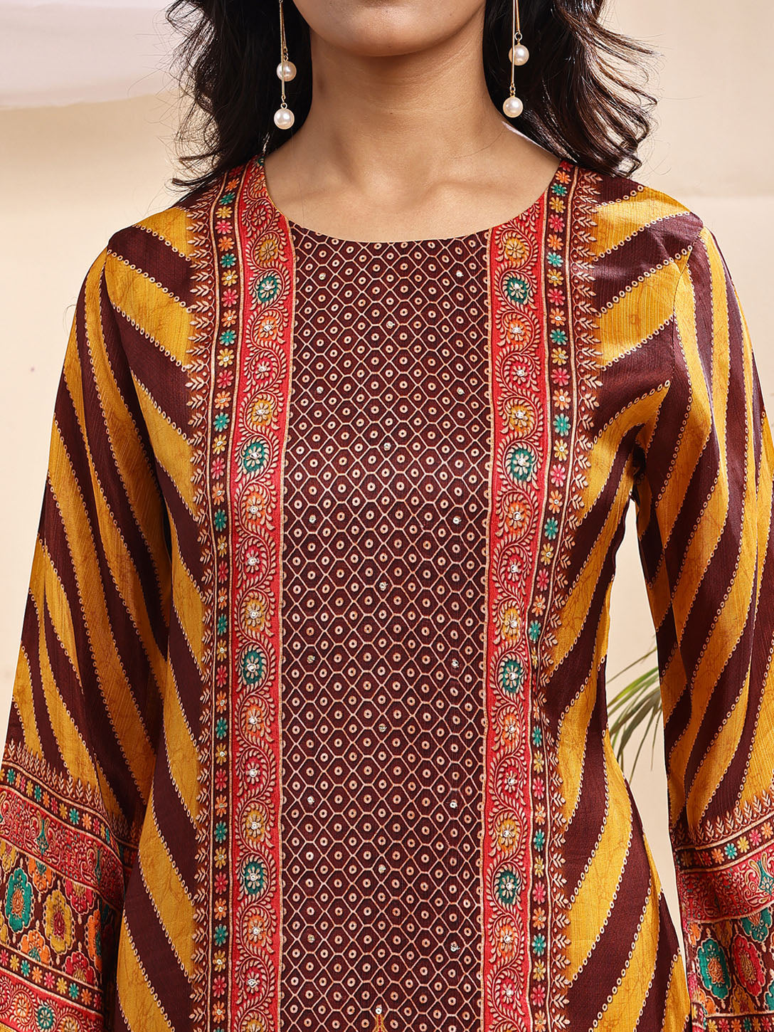 Women's Mustard & Maroon Printed Suit – 3 Piece Traditional Festive Set
