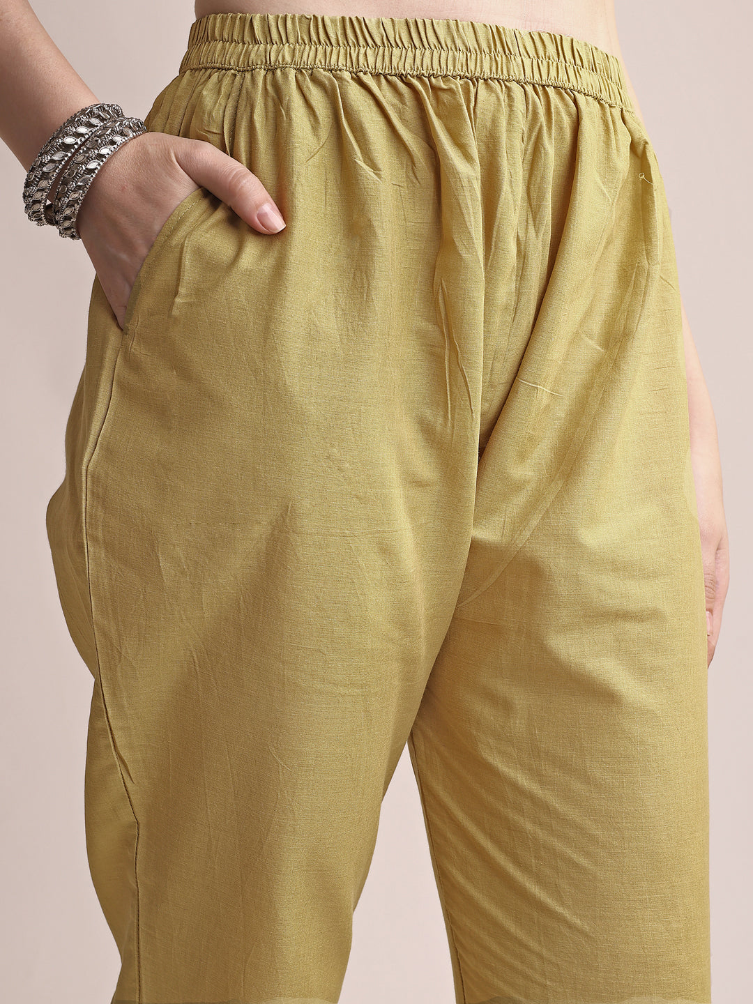 Mustard Yellow Linen Printed Kurta Set with Multicolor Embroidery & Matching Dupatta