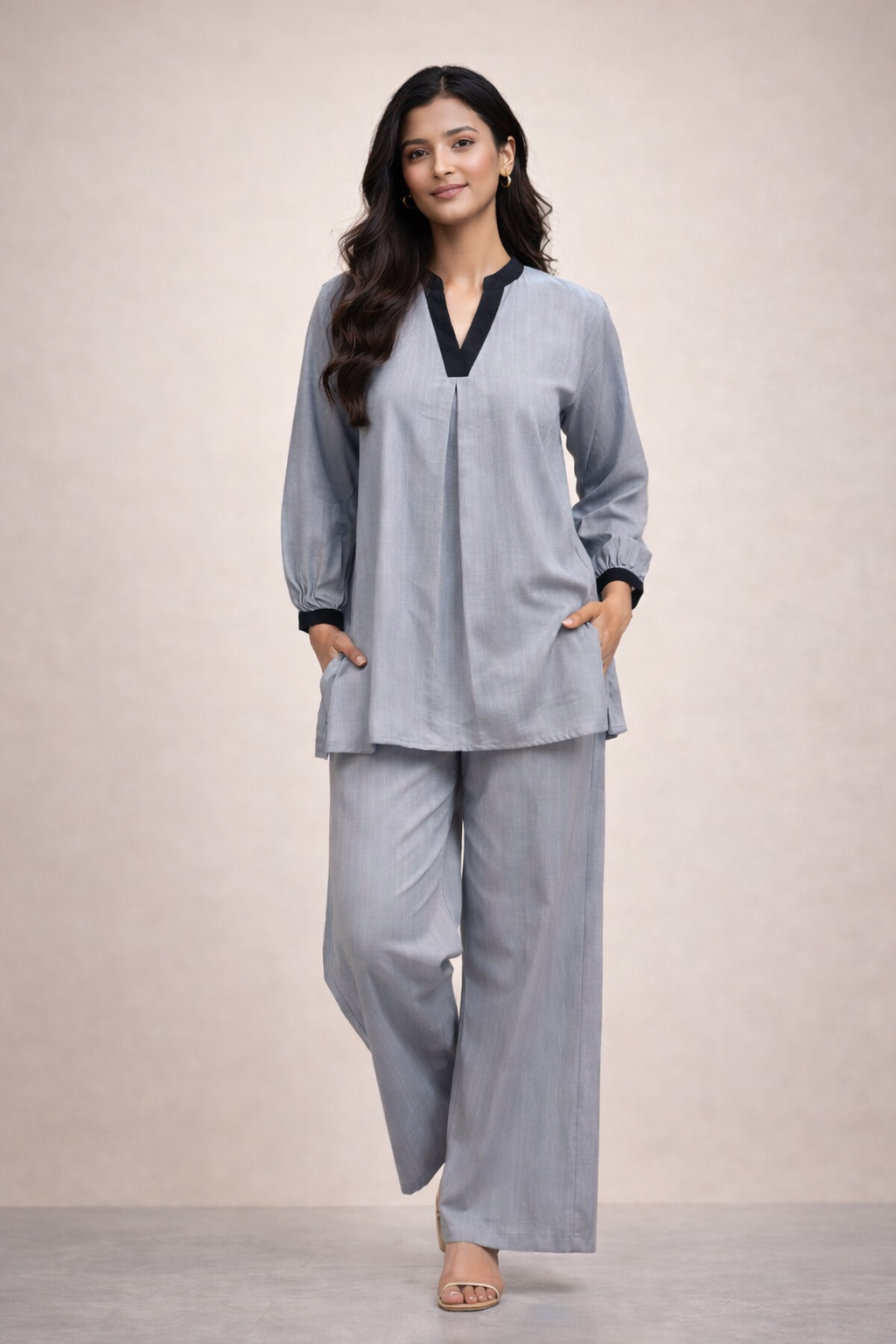 Grey Blended Silk Co-Ord Set for Women | V-Neck Tunic Top with Wide Leg Pants | Elegant Casual Wear