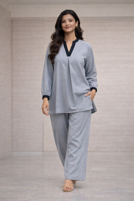 Grey Blended Silk Co-Ord Set for Women | V-Neck Tunic Top with Wide Leg Pants | Elegant Casual Wear