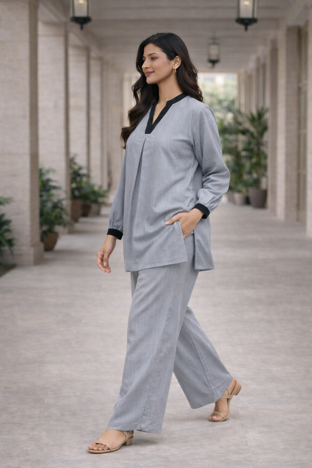Grey Blended Silk Co-Ord Set for Women | V-Neck Tunic Top with Wide Leg Pants | Elegant Casual Wear