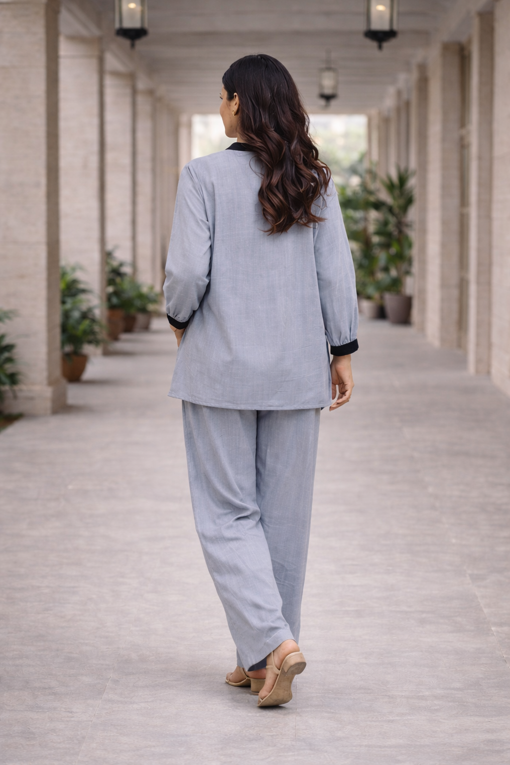Grey Blended Silk Co-Ord Set for Women | V-Neck Tunic Top with Wide Leg Pants | Elegant Casual Wear