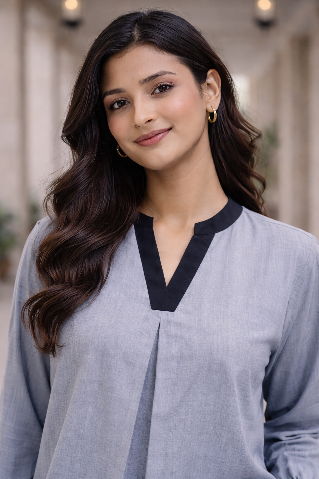 Grey Blended Silk Co-Ord Set for Women | V-Neck Tunic Top with Wide Leg Pants | Elegant Casual Wear