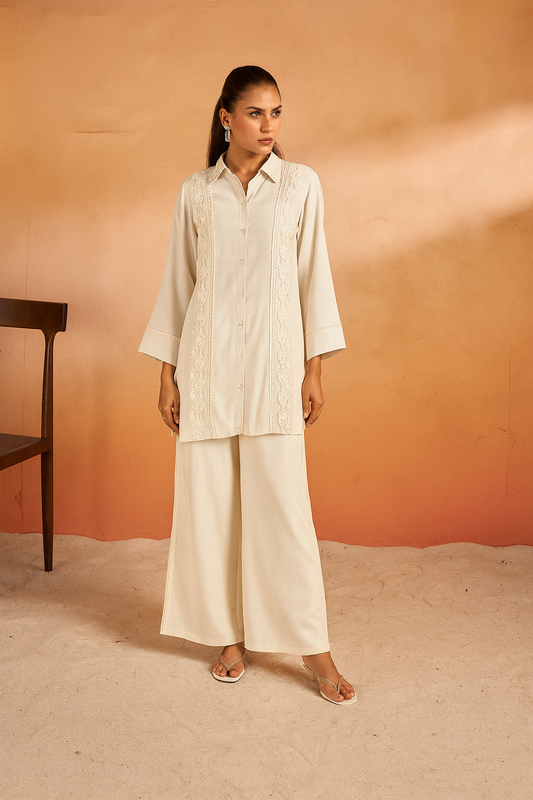 Off-White Lace Detailed Co-ord Set with Shirt Collar