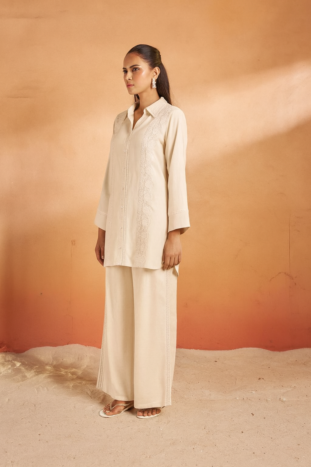 Off-White Lace Detailed Co-ord Set with Shirt Collar