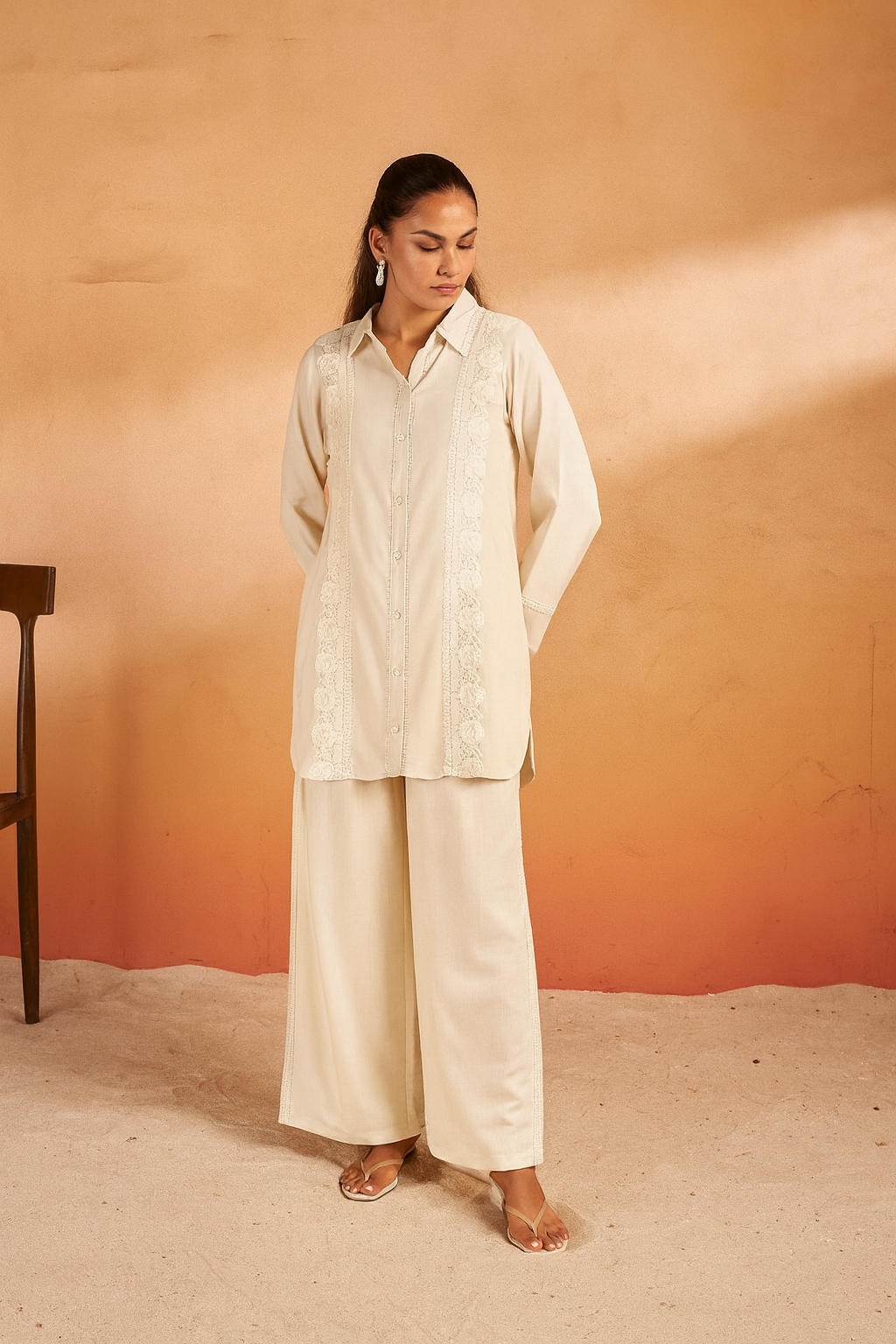 Off-White Lace Detailed Co-ord Set with Shirt Collar