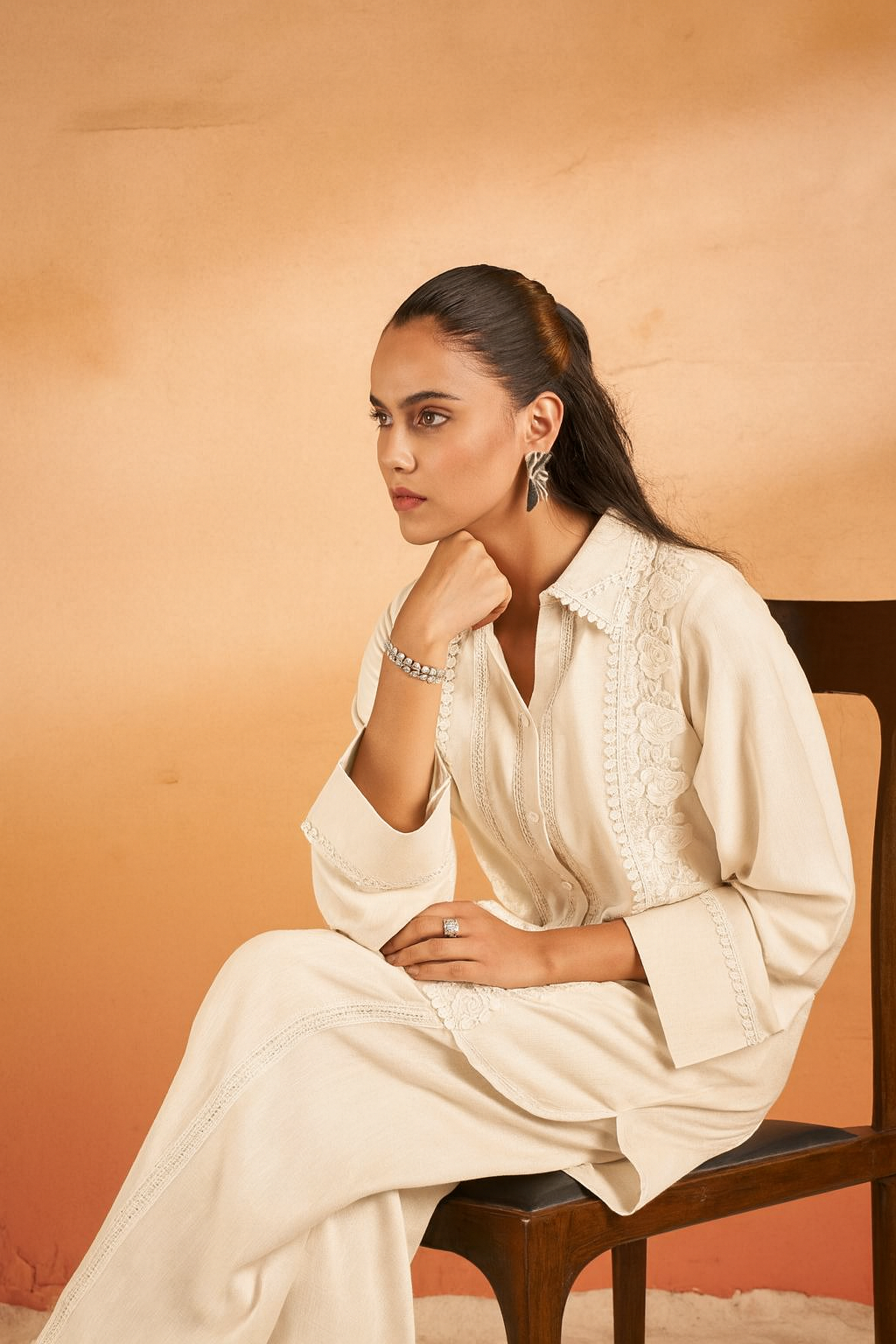 Off-White Lace Detailed Co-ord Set with Shirt Collar