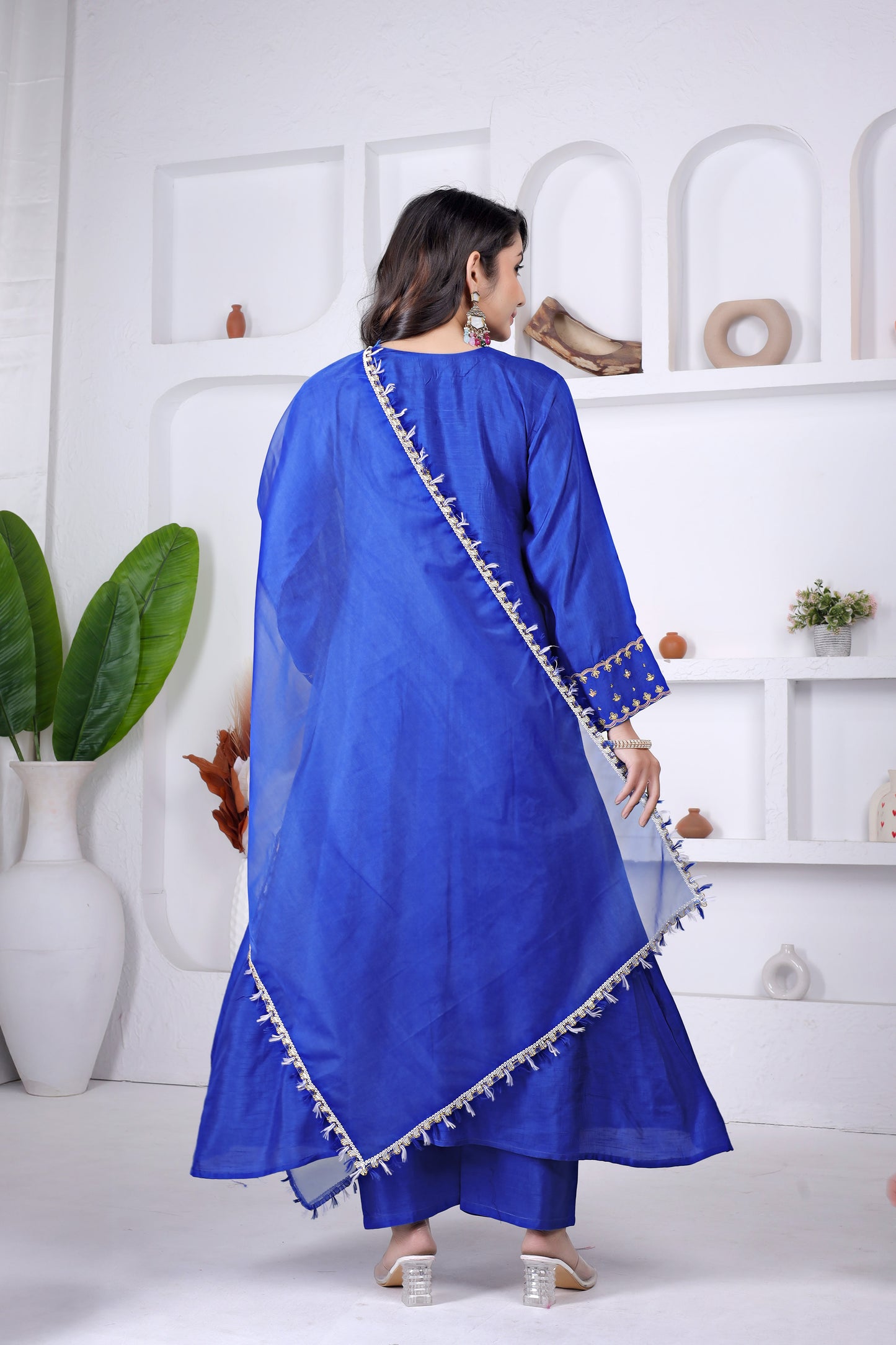 Royal Blue Viscose Embroidered Anarkali Kurta Set with Pants & Dupatta