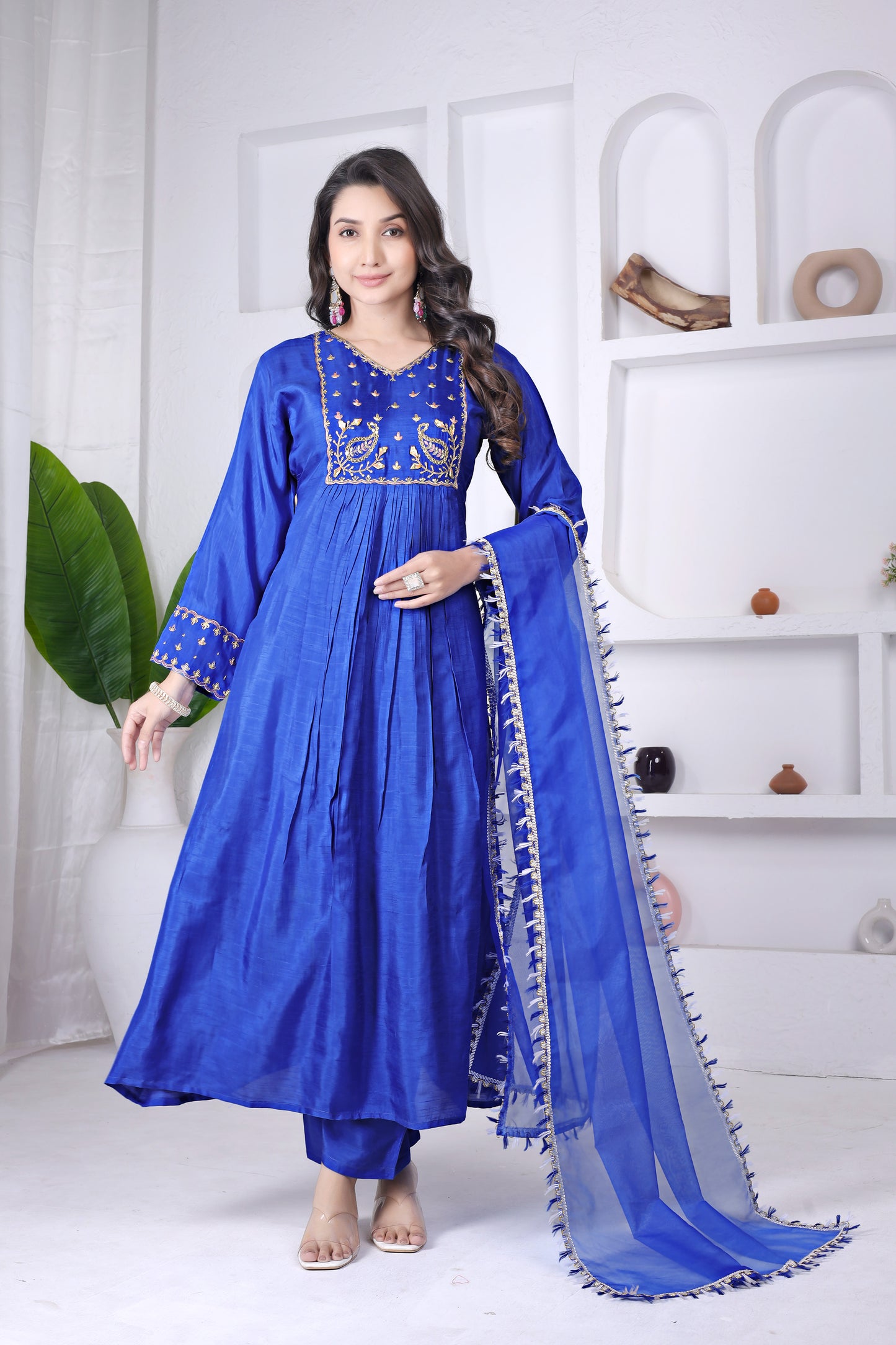 Royal Blue Viscose Embroidered Anarkali Kurta Set with Pants & Dupatta