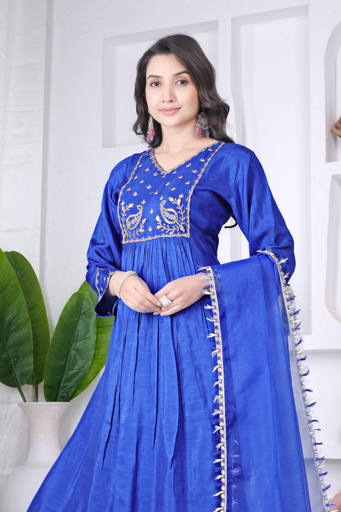 Royal Blue Viscose Embroidered Anarkali Kurta Set with Pants & Dupatta