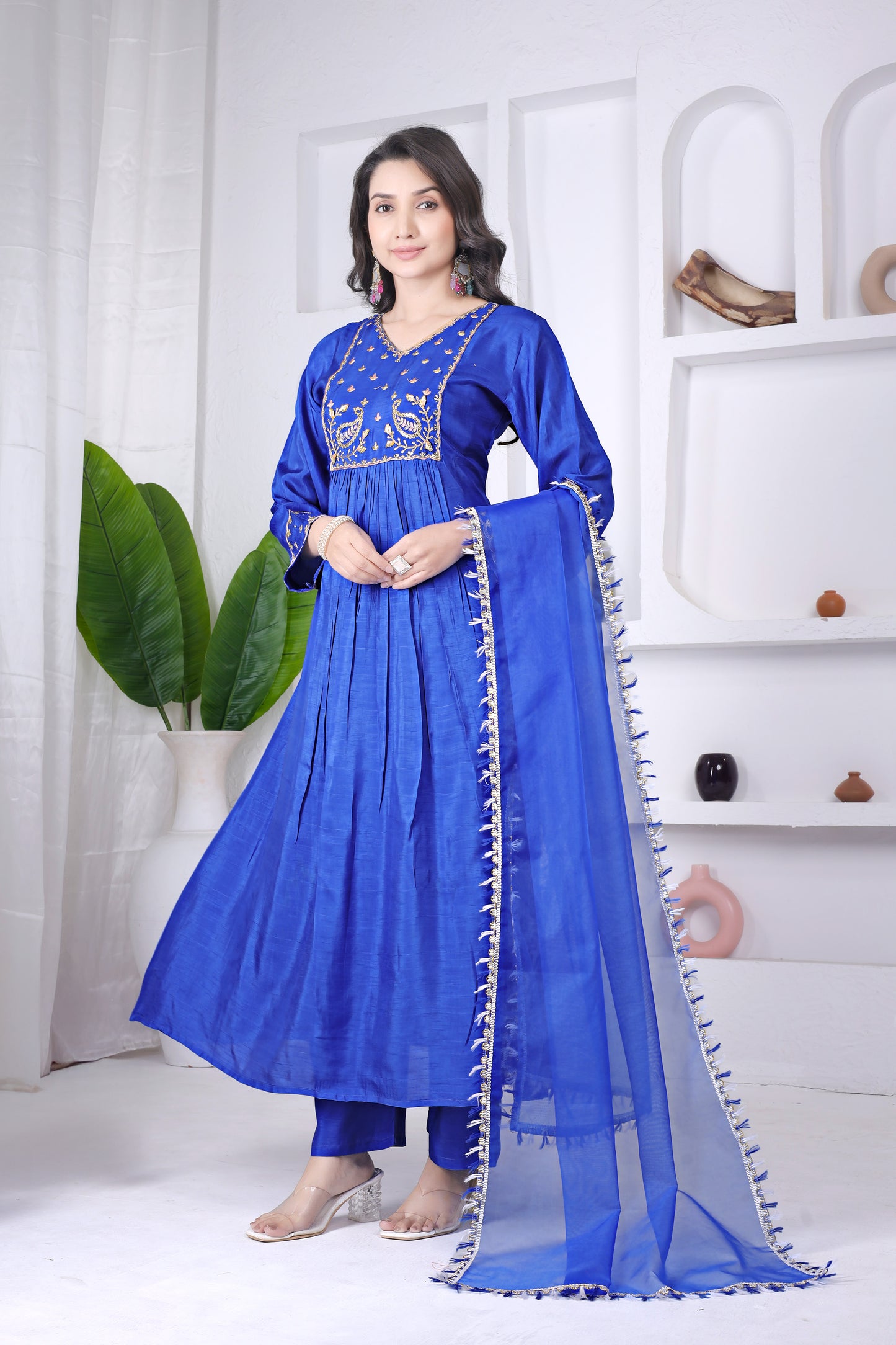 Royal Blue Viscose Embroidered Anarkali Kurta Set with Pants & Dupatta