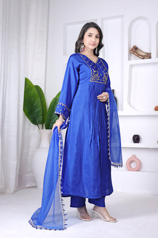 Royal Blue Viscose Embroidered Anarkali Kurta Set with Pants & Dupatta