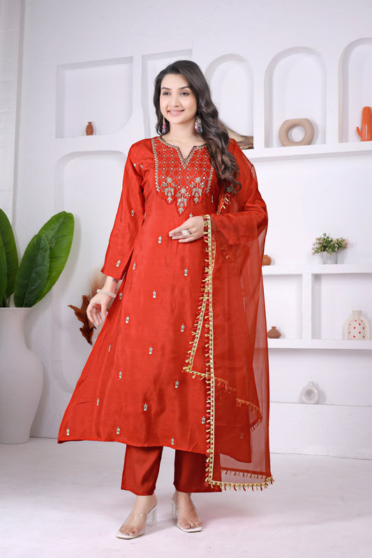 Crimson Red Viscose Embroidered Anarkali Kurta Set with Pants & Dupatta