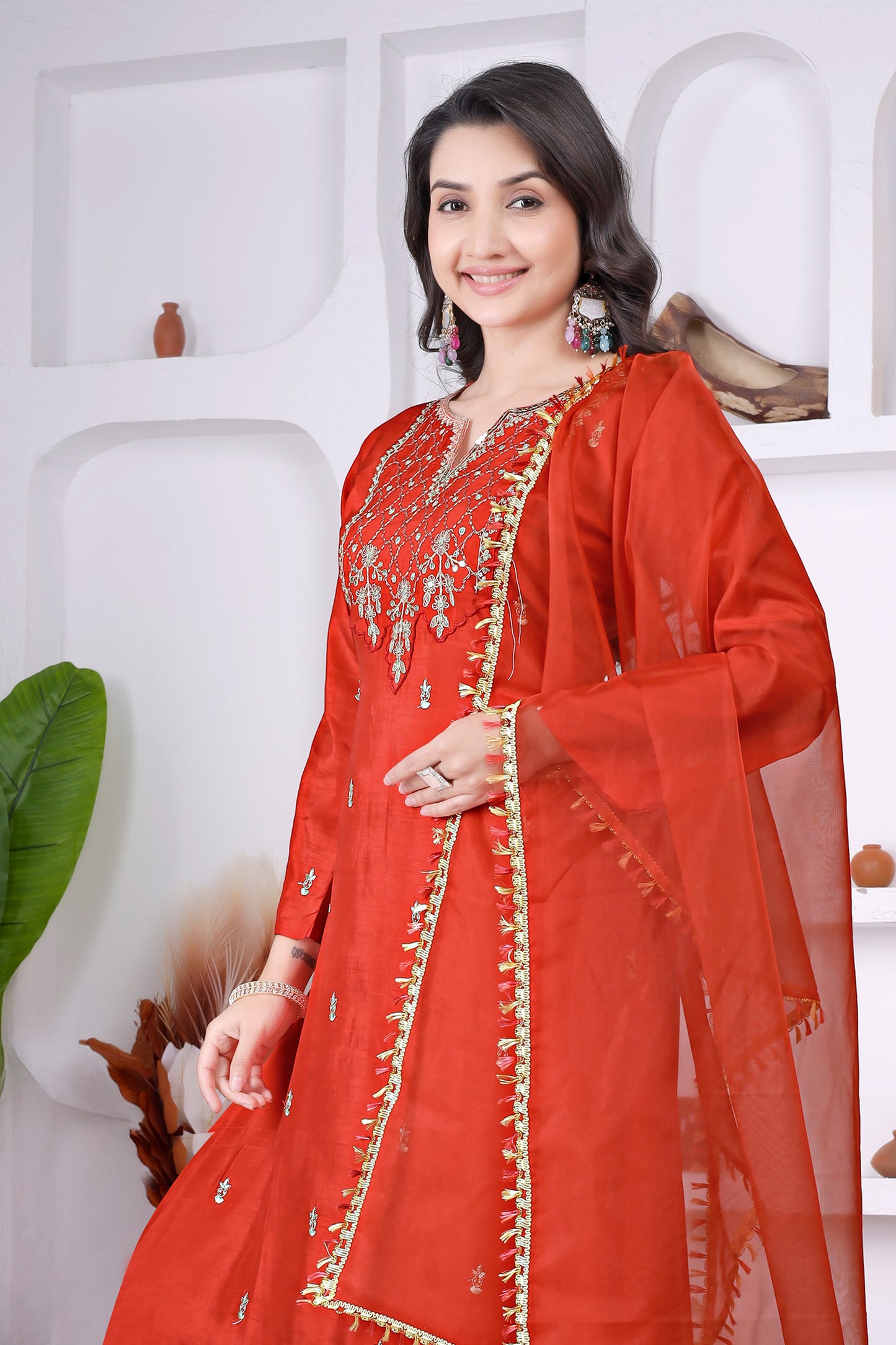Crimson Red Viscose Embroidered Anarkali Kurta Set with Pants & Dupatta