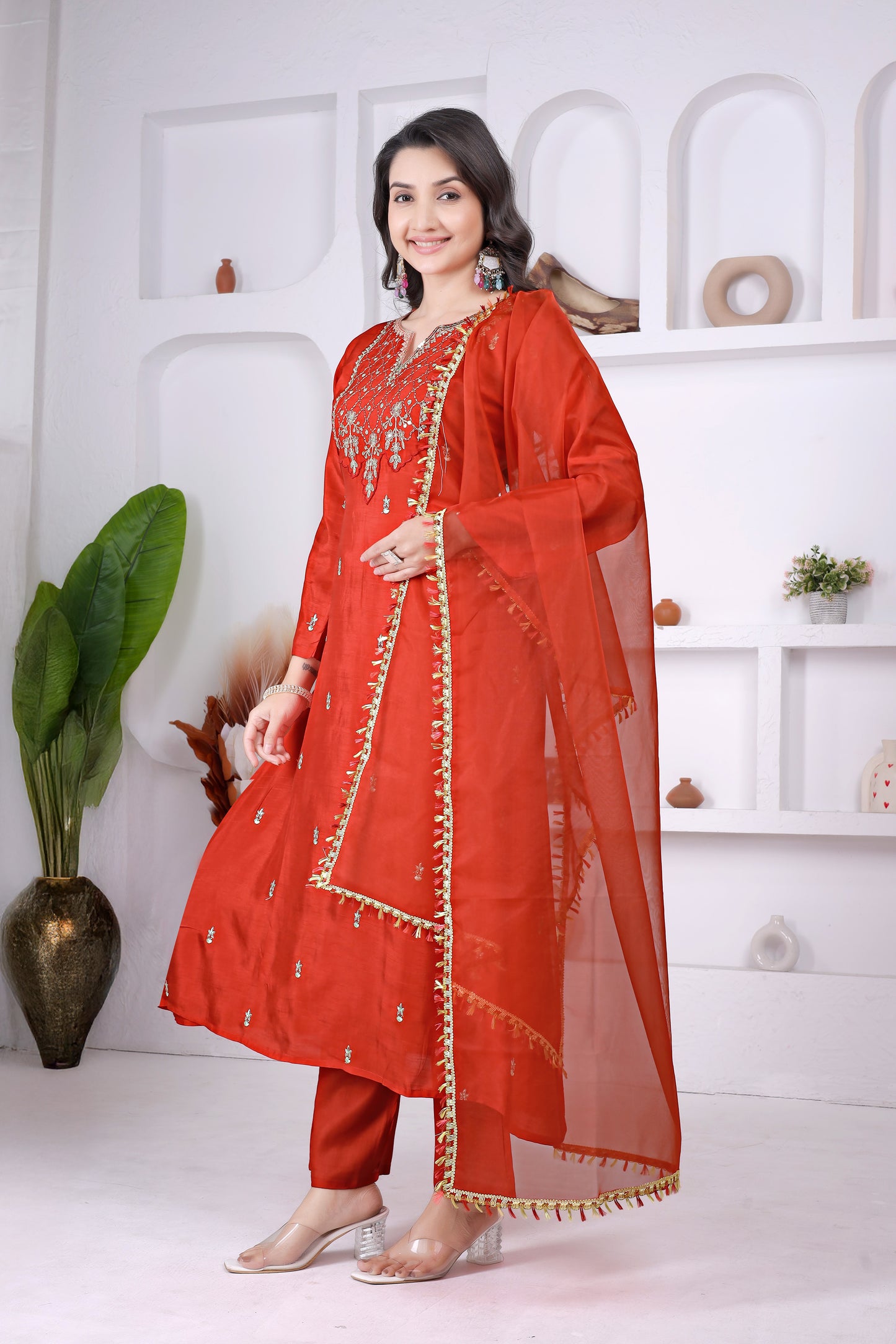 Crimson Red Viscose Embroidered Anarkali Kurta Set with Pants & Dupatta