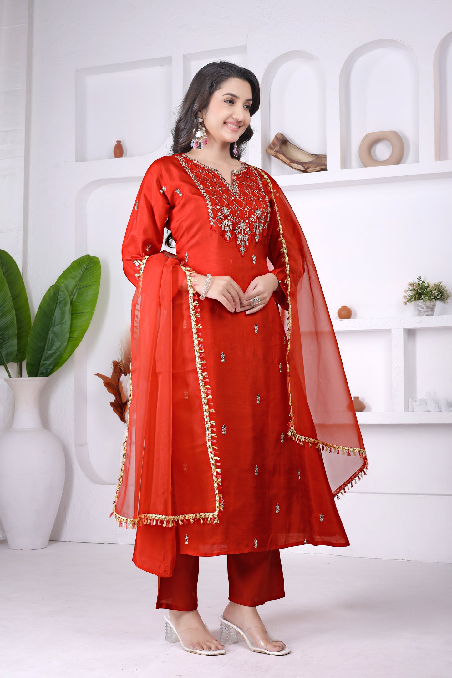 Crimson Red Viscose Embroidered Anarkali Kurta Set with Pants & Dupatta